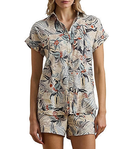 Lauren Ralph Lauren Petite Size Linen Abstract Print Point Collar Short Sleeve Button-Front Shirt