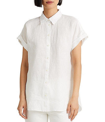 Lauren Ralph Lauren Petite Size Linen Point Collar Dolman Rolled Cuff Sleeve Shirt