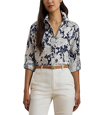 Lauren Ralph Lauren Petite Size Linen Floral Point Collar Long Roll-Tab Sleeve Button Front Shirt
