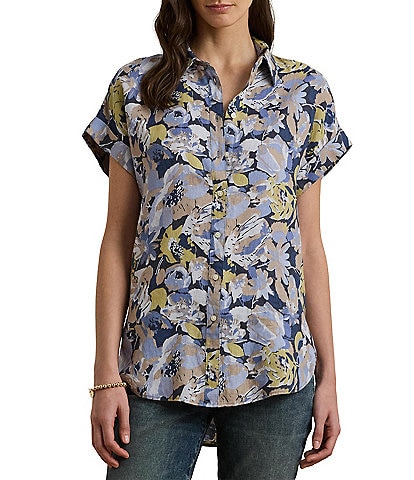 Lauren Ralph Lauren Petite Size Linen Floral Point Collar Short Rolled Cuff Sleeve Button-Front Shirt