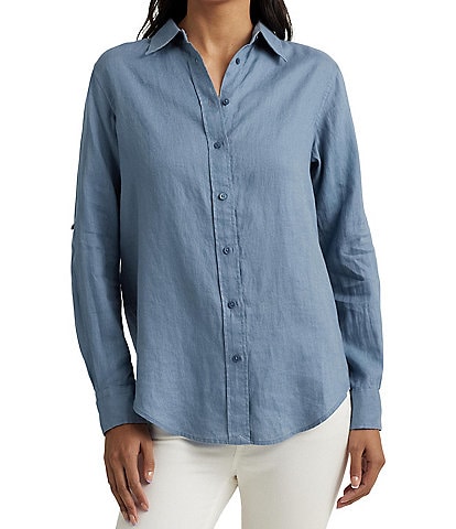 Lauren Ralph Lauren Petite Size Linen Point Collar Long Sleeve Button Front Shirt