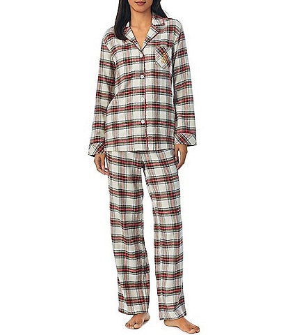 Lauren Ralph Lauren Petite Size Long Sleeve Notch Collar Long Pant Brushed Twill Plaid Pajama Set