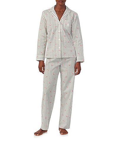 Lauren Ralph Lauren Petite Size Long Sleeve Notch Collar Long Pant Woven Floral Striped Pajama Set