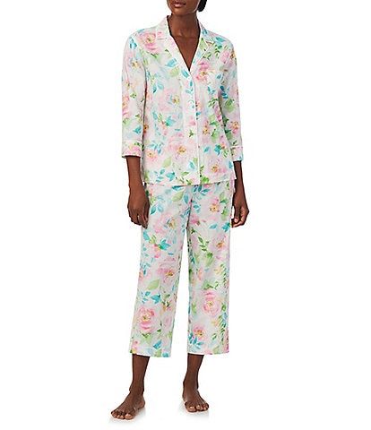 Lauren Ralph Lauren Petite Size Multi Floral Print 3/4 Sleeve Notch Collar Woven Pajama Set