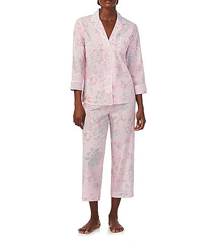 Lauren Ralph Lauren Petite Size Paisley Print 3/4 Sleeve Notch Collar Woven Pajama Set