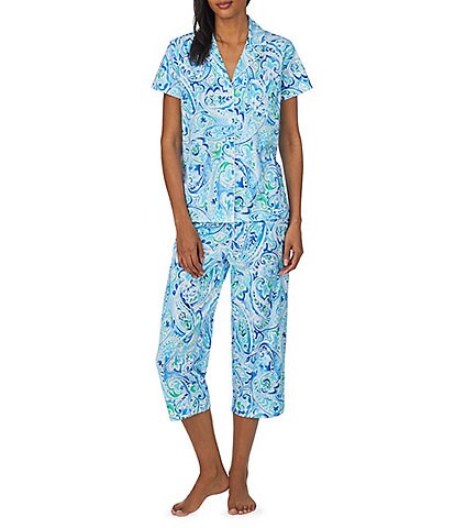 Lauren Ralph Lauren Petite Size Paisley Print Short Sleeve Notch Collar Capri Knit Pajama Set
