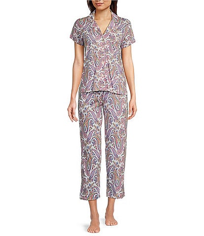 Lauren Ralph Lauren Petite Size Paisley Print Short Sleeve Notch Collar Knit Cropped Pajama Set