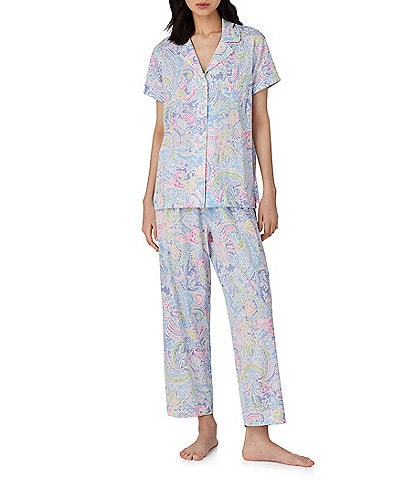 Lauren Ralph Lauren Petite Size Paisley Print Short Sleeve Notch Collar Knit Cropped Pajama Set