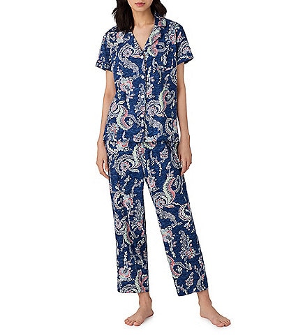 Lauren Ralph Lauren Petite Size Paisley Print Short Sleeve Notch Collar Knit Cropped Pajama Set