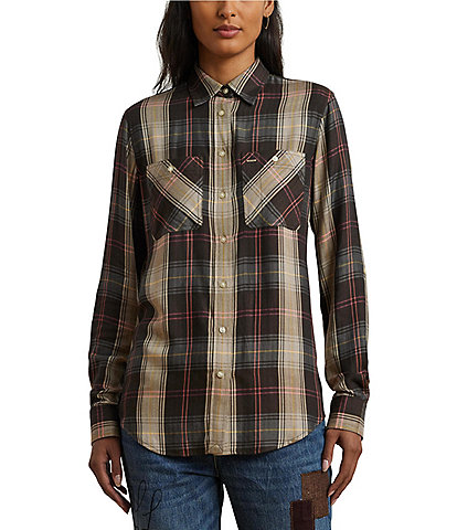 Lauren Ralph Lauren Petite Size Plaid Long Roll-Tab Sleeve Button Front Patch Pocket Shirt