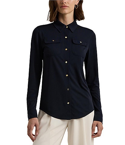 Lauren Ralph Lauren Petite Size Point Collar Long Roll-Tab Sleeve Button-Front Shirt