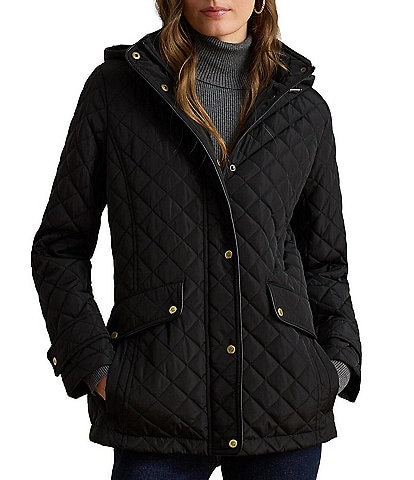 Lauren Ralph Lauren Petite Size Quilted Hooded Funnel Collar Snap Front Jacket