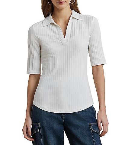 Lauren Ralph Lauren Petite Size Rib Knit Collared Elbow Sleeve Slim Fit Polo T-Shirt