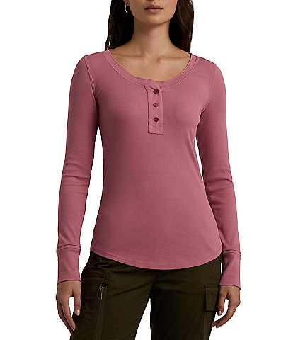 Lauren Ralph Lauren Petite Size Rib-Knit Scoop Neck Long Sleeve Henley Tee