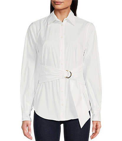 Lauren Ralph Lauren Petite Size Sarill White Tie Front Long Blouson Sleeve Top