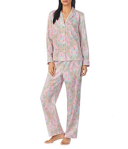 Lauren Ralph Lauren Petite Size Sateen Multi Paisley Long Sleeve Notch Collar Long Pant Pajama Set