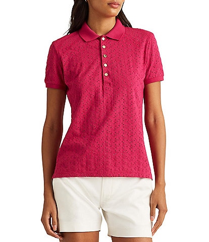 Lauren Ralph Lauren Petite Size Short Sleeve Eyelet Jersey Polo Collar Shirt