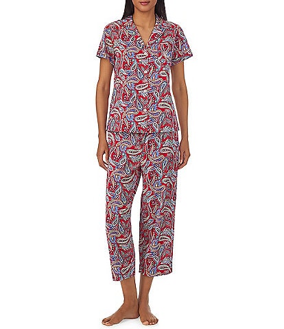 Lauren Ralph Lauren Petite Size Short Sleeve Notch Collar Woven Paisley Cropped Pant Pajama Set