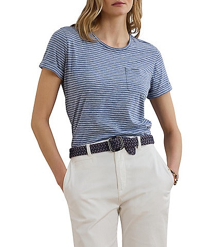 Lauren Ralph Lauren Petite Size Soft Slub Jersey Printed Crew Neck Short Sleeve Pocket Tee