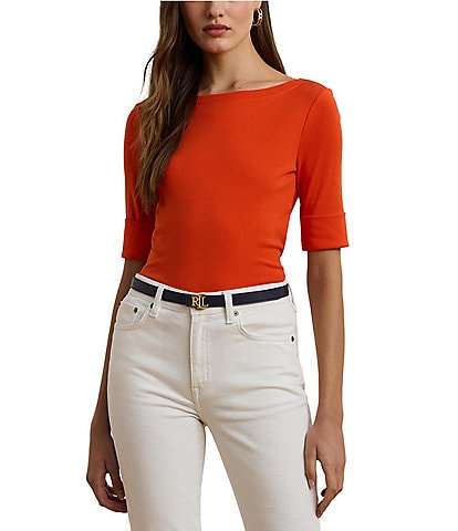 Lauren Ralph Lauren Petite Size Stretch Cotton Boat Neck Elbow Length Sleeve Top