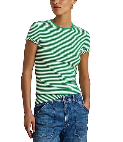 Lauren Ralph Lauren Petite Size Stretch Cotton Stripe Crew Neck Short Sleeve Tee