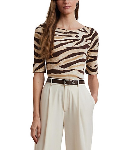 Lauren Ralph Lauren Petite Size Stretch Cotton Zebra Boat Neck Elbow Sleeve Tee
