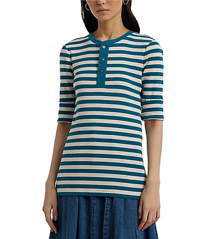 Lauren Ralph Lauren Petite Size Stretch Yarn-Dye Striped Contrast Trim Crew Neck Elbow Sleeve Henley Tee