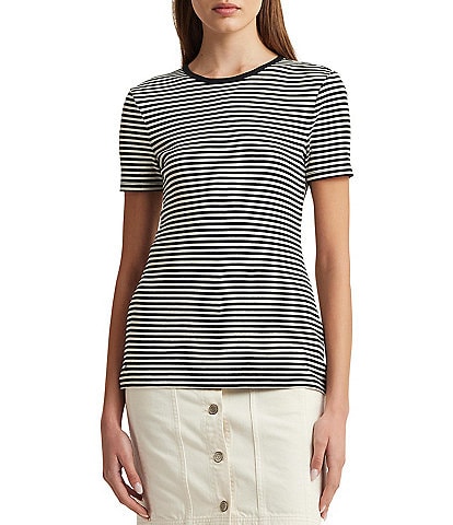 Lauren Ralph Lauren Petite Size Striped Print Stretch Cotton Crew Neck Short Sleeve Tee Shirt