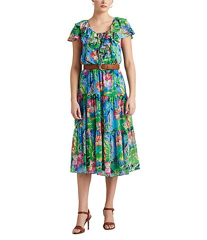 Lauren Ralph Lauren Petite Size Vibrant Floral Motif Ruffled V-Neck Flutter Sleeve Tiered Dress