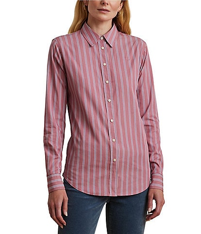 Lauren Ralph Lauren Petite Size Woven Striped Point Collar Long Sleeve Button-Front Shirt