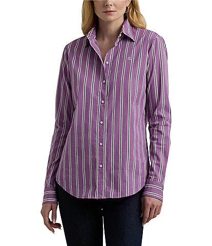 Lauren Ralph Lauren Petite Size Yarn-Dyed Variegated Stripe Print Cotton Broadcloth Long Sleeve Button-Front Shirt