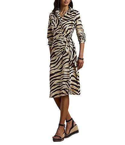 Lauren Ralph Lauren Petite Size Zebra Crepe De Chine Point Collar Tie Front Faux Wrap Dress