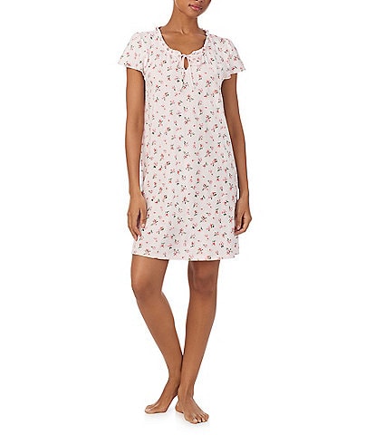 Lauren Ralph Lauren Pink Bouquet Print Short Sleeve Split Scoop Neck Knit Nightgown