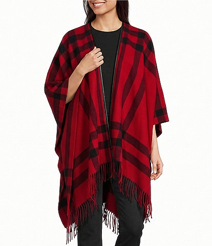 Lauren Ralph Lauren Plaid Fringe Trim Wool Ruana