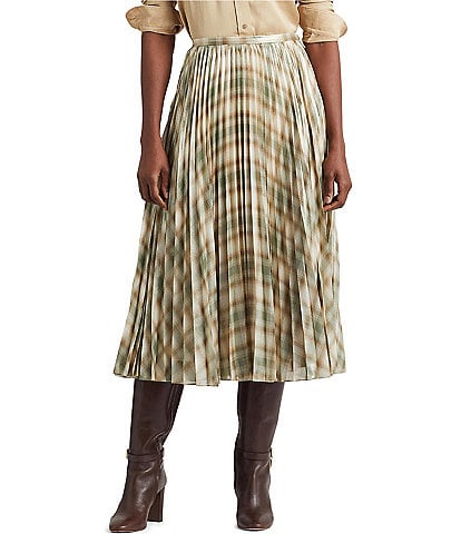Lauren Ralph Lauren Plaid Pleated Metallic Georgette A-Line Skirt