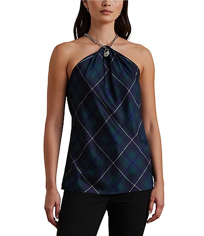 Lauren Ralph Lauren Plaid Print Chain Trim Satin Charmeuse Halter Blouse