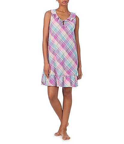 Lauren Ralph Lauren Plaid Print Sleeveless Flutter Neck Flounce Woven Short Nightgown