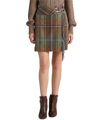 Lauren Ralph Lauren Plaid Print Wool Blend Buckle Tab Trim Fringe Faux Wrap Mini Skirt