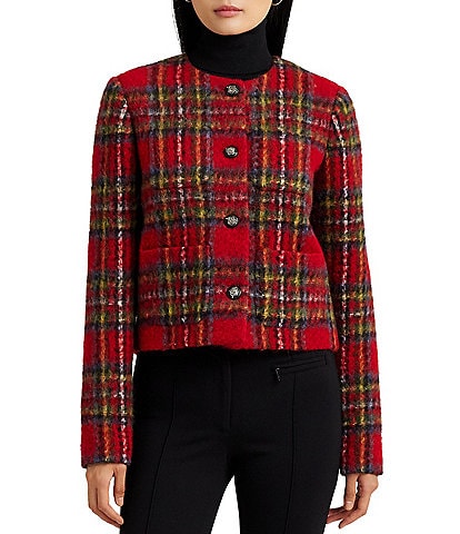 Lauren Ralph Lauren Plaid Round Neckline Mohair Tweed Cropped Jacket