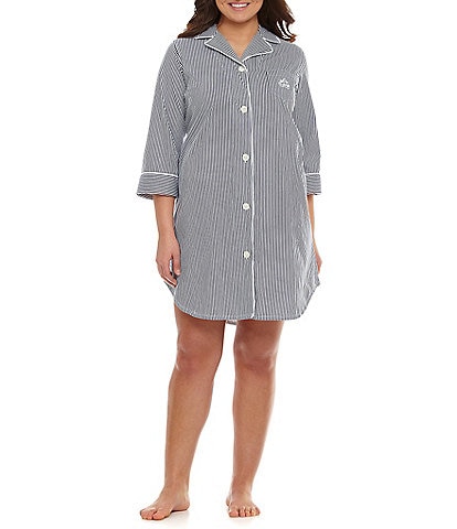 Lauren Ralph Lauren Plus Size Classic Notch Collar 3/4 Sleeve Cotton Nightshirt
