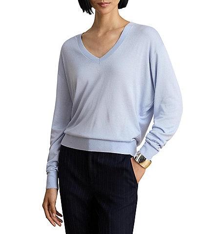 Lauren Ralph Lauren Plus Size Modal Silk Blend V-Neck Long Sleeve Sweater Top
