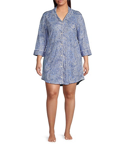 Lauren Ralph Lauren Plus Size 3/4 Sleeve Notch Collar Button-Front Nightshirt