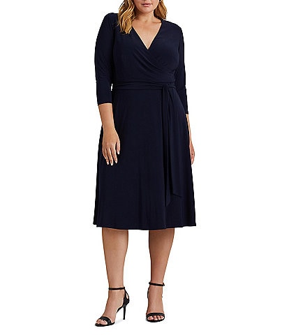 Lauren Ralph Lauren Plus Size 3/4 Sleeve Surplice V-Neck Tie Waist Jersey Dress