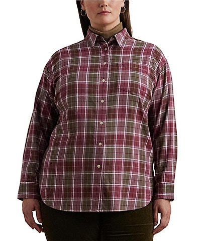 Lauren Ralph Lauren Plus Size Brawley Plaid Spread Collar Long Sleeve Button Front Shirt