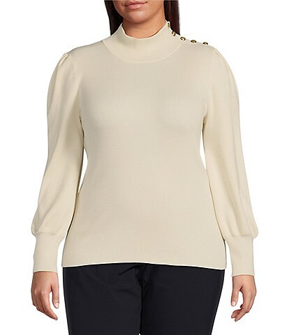 Lauren Ralph Lauren Plus Size Button Trim Mock Neck Puff Long Sleeve Sweater