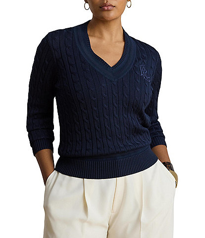 Lauren Ralph Lauren Plus Size Cable Knit V-Neck Long Sleeve Sweater Top