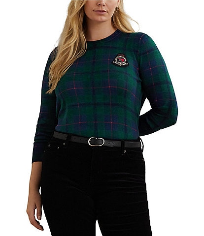 Lauren Ralph Lauren Plus Size Cotton-Blend Festive Black Watch Plaid Crew Neck Long Sleeve Beaded-Crest Sweater