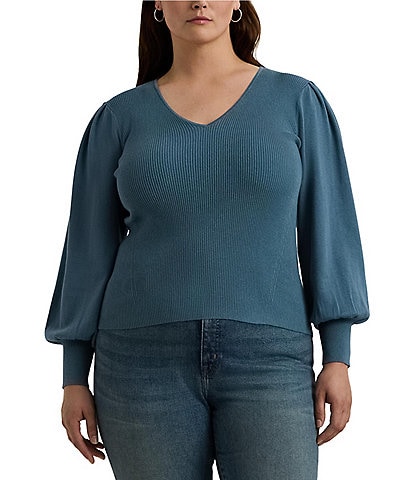 Lauren Ralph Lauren Plus Size Cotton-Blend V-Neck Long Blouson Sleeve Sweater