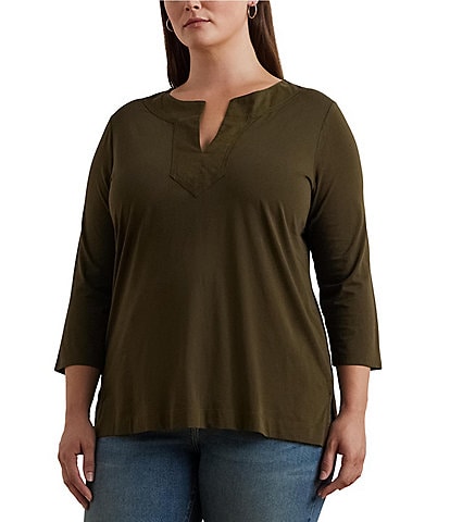 Lauren Ralph Lauren Plus Size Cotton Jersey Knit Split V-Neck 3/4 Sleeve Side Slit Hem Tunic