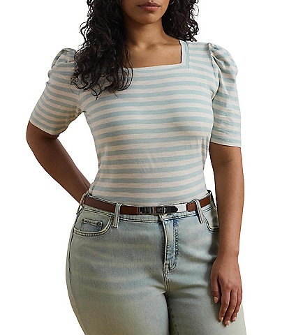 Lauren Ralph Lauren Plus Size Cotton Jersey Striped Square Neck Short Puff Sleeve Top